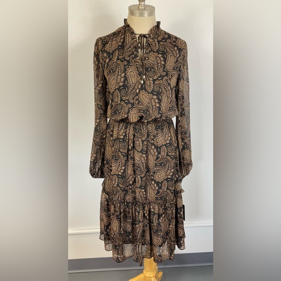 TOMMY HILFIGER Women’s size 4 Paisley Print Peasant Midi Dress Brown Lined, sz 4 - Picture 1 of 14